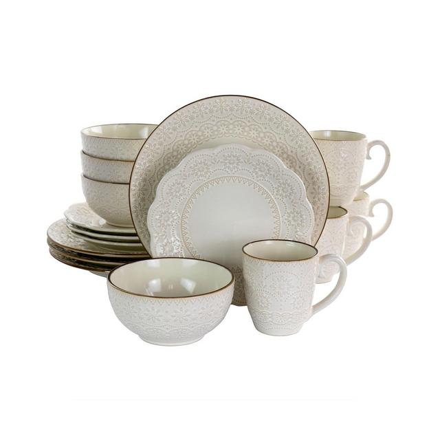 Elama Sophie Embossed Scalloped 16 Piece Stoneware Dinnerware Set, Service for 4