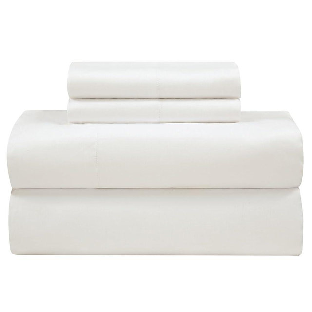 ROYALE LINENS Bamboo Viscose Queen Sheet Set - Cooling Bed Sheet Set - 1 Fitted, 1 Flat & 2 Pillowcase - Fits Up to 16" - Organic Viscose Derived from Bamboo - Bedding Sheet Set (Queen, Bright White)