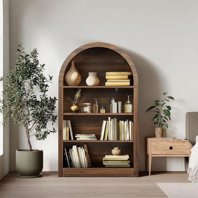 VATROS Bookcase, 4-Shelf Tall Bookshelf, 47.6" Wood Open Display Floor Arched Bookcase, Large Storage Organizer for Bedroom and Living Room (Brown)