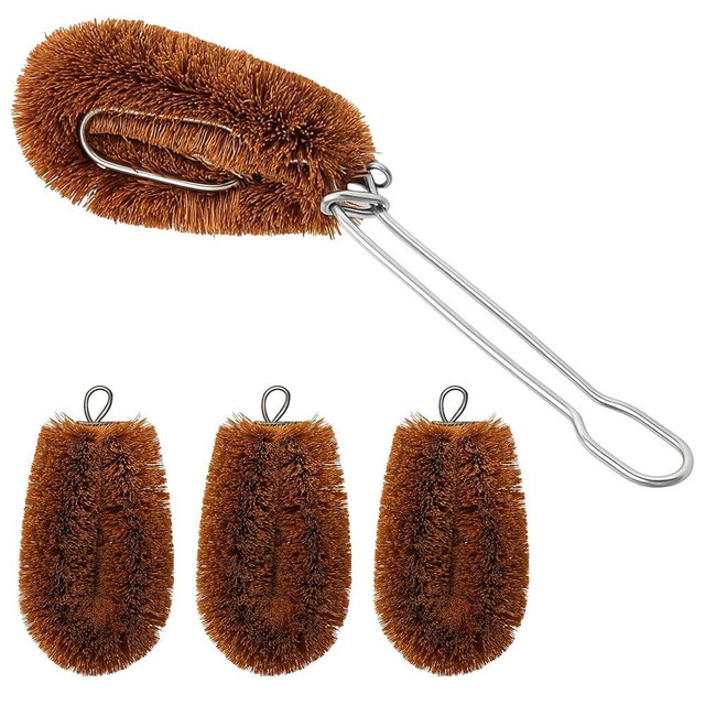 Sawysine Tawashi 100% Natural Coconut Coir Fiber Brush with Handle, 4 Vegetable Scrub Brush Heads Ideal for Fruit Veggie Scrub Wash, Kitchen Cleaning Needs, Pan Pot Glassware Cookware, Japanese Design
