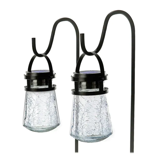 Home Zone Security® 10-Lumen Solar Crackle-Glass LED Lantern Path Lights with Shepherd Hook, 2 Pack in Black