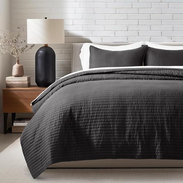 EVERGRACEHOME Cotton Sateen Quilt Set King Size, Pre-Washed Cotton Channel Stitch Coverlet Bedspread, 3 Pieces Lightweight Soft Bedding Sets for All Season, with 2 Pillow Shams, Washed Black | Channel Stitch, Luxe Cotton Sateen, Pre Washed, 100% Cotton, Oversized, Oeko-Tex Certified