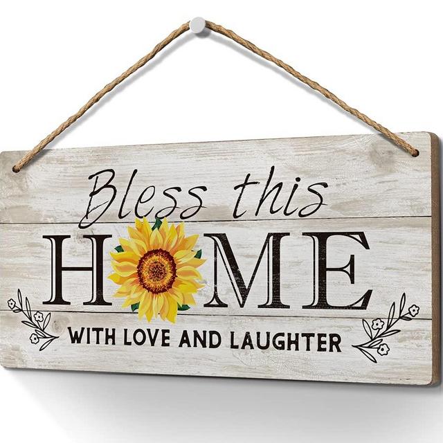 Heuhuww Bless This Home Decor Wood Sign 6x12 Inch Bible Verse Front Door Decor,Religious Porch Decor with Sunflower,Wall Art Housewarming Gifts for Women