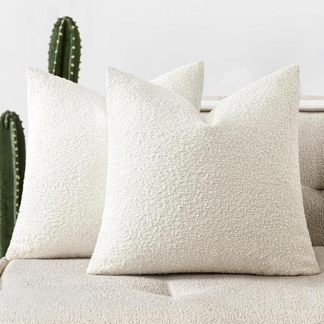 Woaboy Pack of 2 20x20 Inch Decorative Boucle Throw Pillow Covers Textured Square Pillowcaes Accent Solid Cozy Soft Cushion Covers Home Decor for Sofa Couch Living Room Home Decor,White