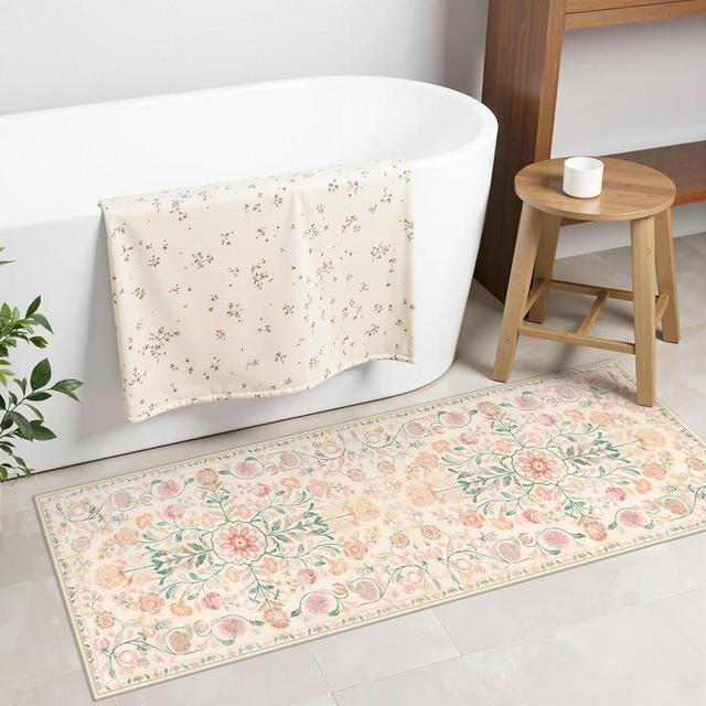 Uphome Bathroom Runner Beige Floral Long Bath Mat Plush Soft Non Slip Bath Rugs Machine Washable Boho Farmhouse Aesthetic Bath Mats for Bathroom Sink Vanity Entryway, 18x47 inch