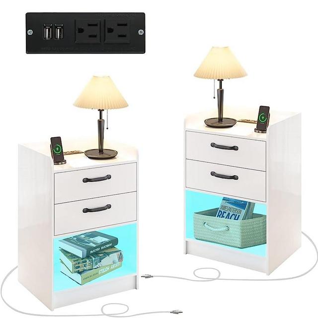 White Nightstand Set of 2 with Charging Station and LED Lights, Modern End Side Table with 2 Drawers and Open Storage for Living Room, Night Stands for Bedrooms Set of 2 White