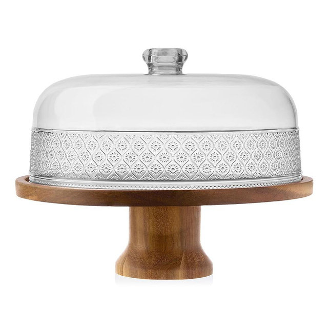 Godinger Cake Stand, Footed Cake Plate with Dome, Acacia Wood and Shaterproof Acrylic Lid, Wood Cake Stand with Dome Vintage Romantic Décor
