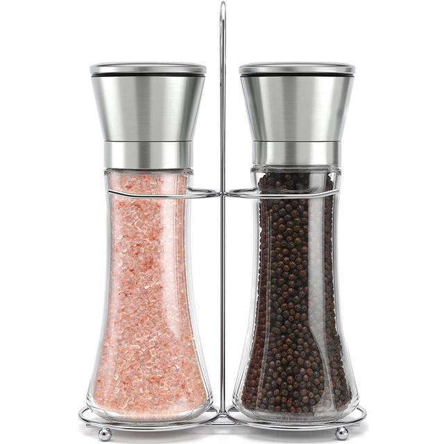 Original Stainless Steel Salt and Pepper Grinder Set With Stand - Tall Salt and Pepper Shakers with Adjustable Coarseness - Salt Grinders and Pepper Mill Shaker Mills Set