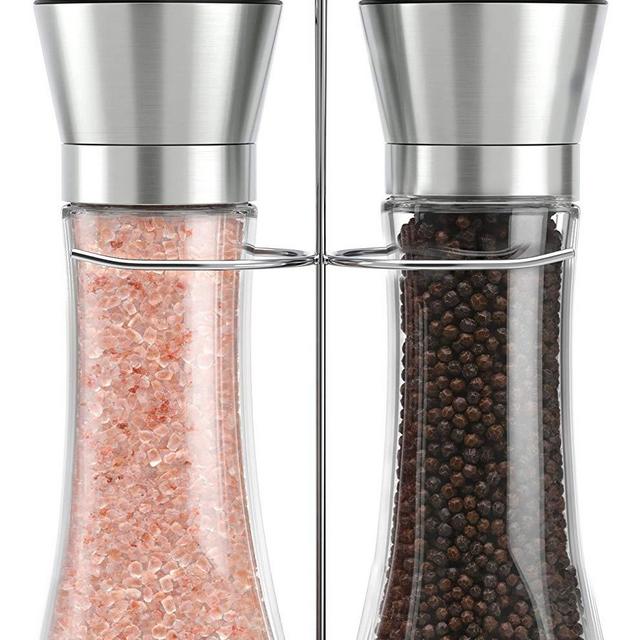 Original Stainless Steel Salt and Pepper Grinder Set With Stand - Tall Salt and Pepper Shakers with Adjustable Coarseness - Salt Grinders and Pepper Mill Shaker Mills Set