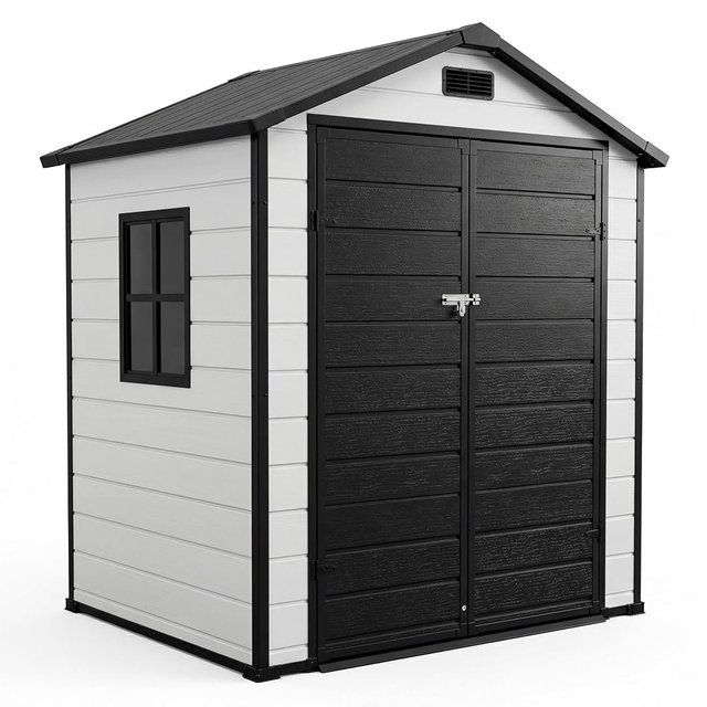 Outdoor Storage Shed with Floor, Plastic Resin Garden Shed with Window & Sloping Roof & Lockable Door for Patio Backyard Garden, Lawn Mower, Bike, Tool Storage (Grayish White + Black, 6' x 4')