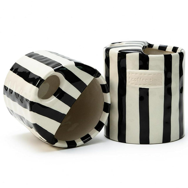 KOIMYSA Ceramic Coffee Mug with Half Lid, 12oz To Go Coffee Mug, Handcrafted Striped Glazed Ceramic Coffee Mug with Dual Sip Lid for Hot and Cold Drinks, Black