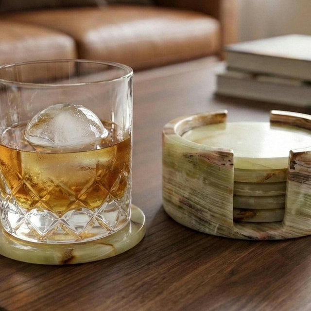Green Onyx Coasters Set of 6 with Holder | Heavy Natural Stone Drink Coasters | Luxury Marble Alternative Gift for Home