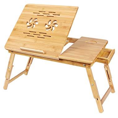 SONGMICS Bamboo Laptop Desk Serving Bed Tray Breakfast Table Tilting Top with Drawer ULLD001