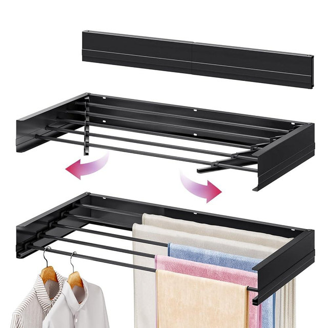 APEXCHASER Wall Mounted Clothes Drying Rack 31.5 Inches, Foldable Laundry Rack Folding Indoor, Drying Rack Clothing Collapsible, Hidden Space Saver with Wall Template, 5 Rods, Black