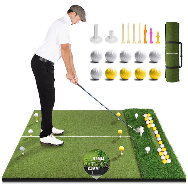 Golf Mat with Ball Tray, 5x4ft Dual Turf Golf Hitting Mats Practice Outdoor Indoor for Backyard Driving Range Simulator Mat, Golf Chipping Swing Training Aid Mat with 10 Golf Balls 9 Tees
