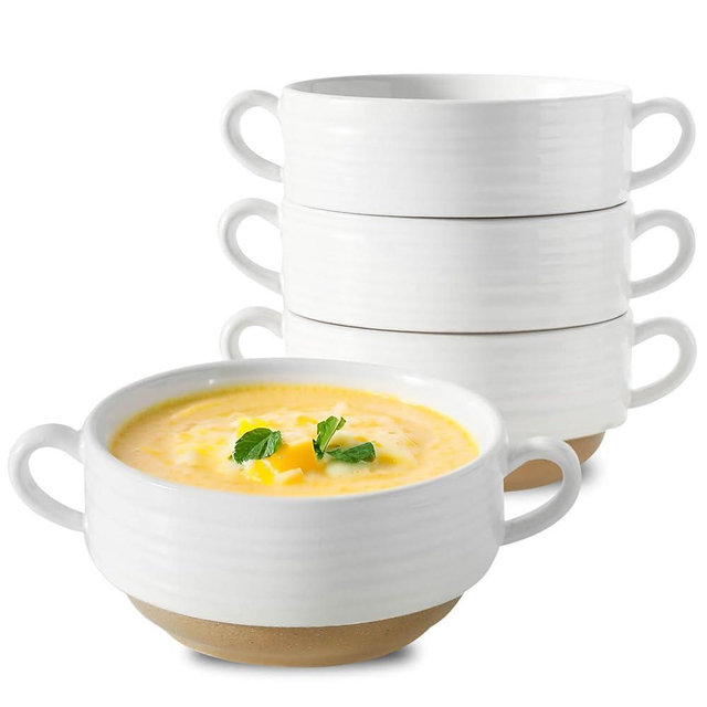 HASENSE French Onion Soup Bowls, 20 oz Ceramic Soup Bowls with Handle, Stacked Oven Safe Bowl Set, Perfect for Chili, Beef Stew, Pasta, White Soup Serving Bowls for Kitchen, Set of 4