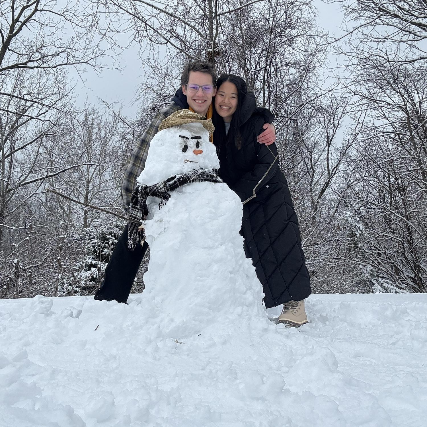 Nick came to visit Madeline on campus after it snowed when she was an RA - we made a snowman named “Dwight”, went sledding on our stomachs, drank hot coco, and played card games!
