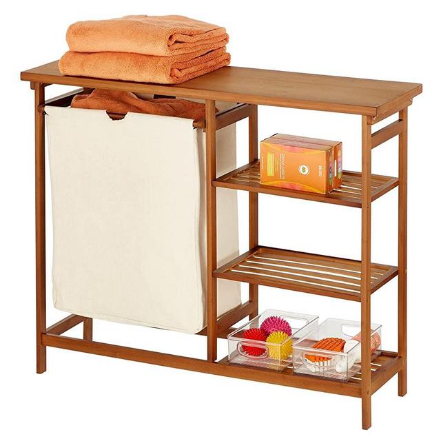 mDesign Bamboo Freestanding Laundry Hamper Basket Table - Storage Shelves for Folding Clothes and Organizing Detergent, Fabric Softener, Bleach, Dryer Sheets, and Stain Removers - Vintage Finish