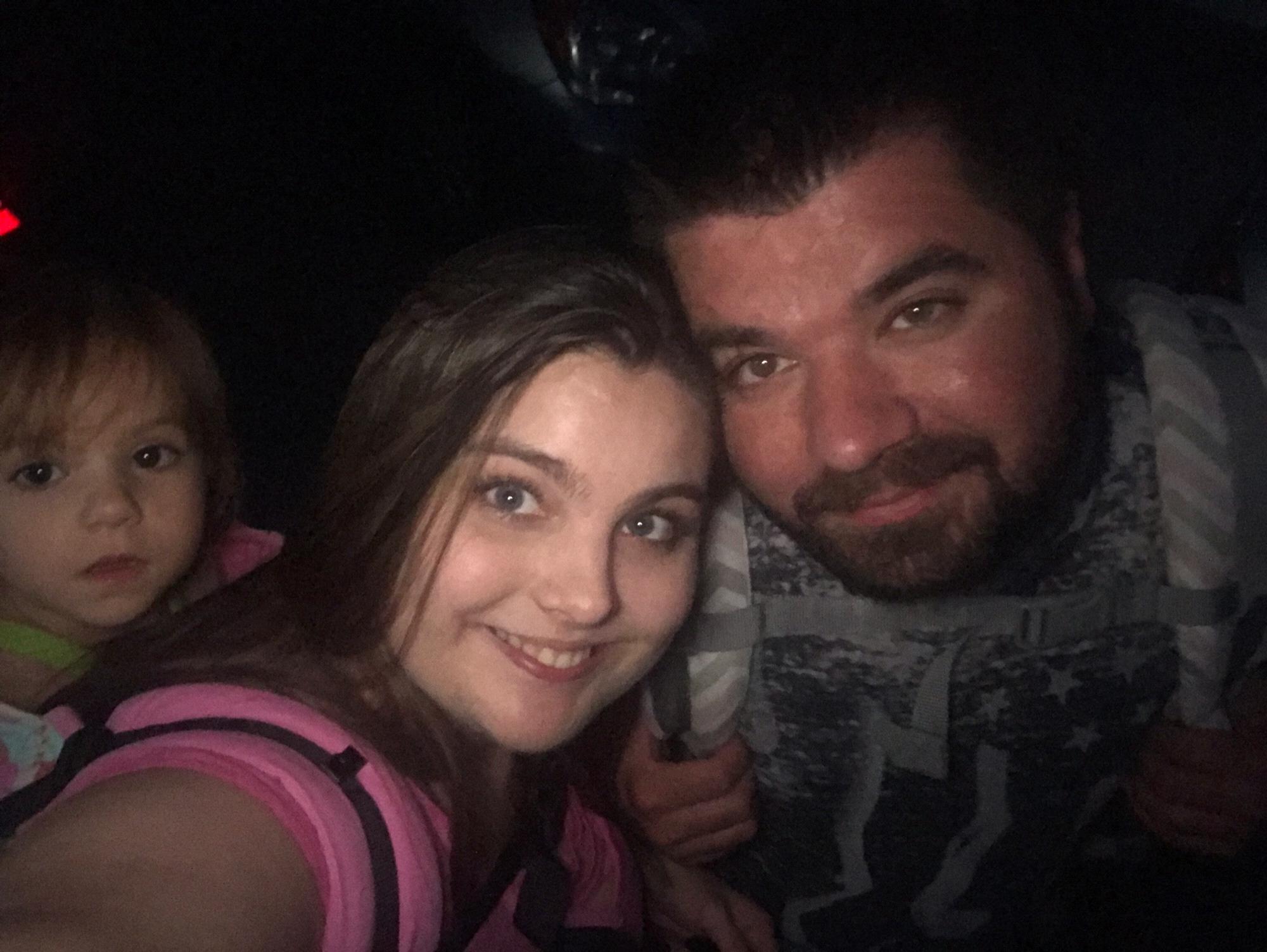 Evening walk around the neighborhood. He wore her daughter, and she wore his.