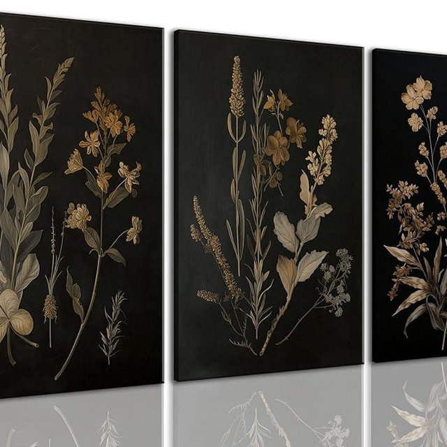 TUEASKY 3 Piece Dark Botanical Canvas Wall Art Vintage Floral Wall Art Boho Moody Flower Decor Black Wildflower Art Prints for Living Room Bedroom 12x16in Framed