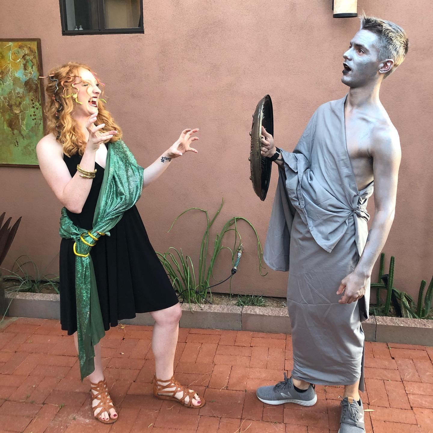 Our first Halloween together as Medusa and the "man turned to stone". We are always making each other laugh, that's one of our secrets to success!