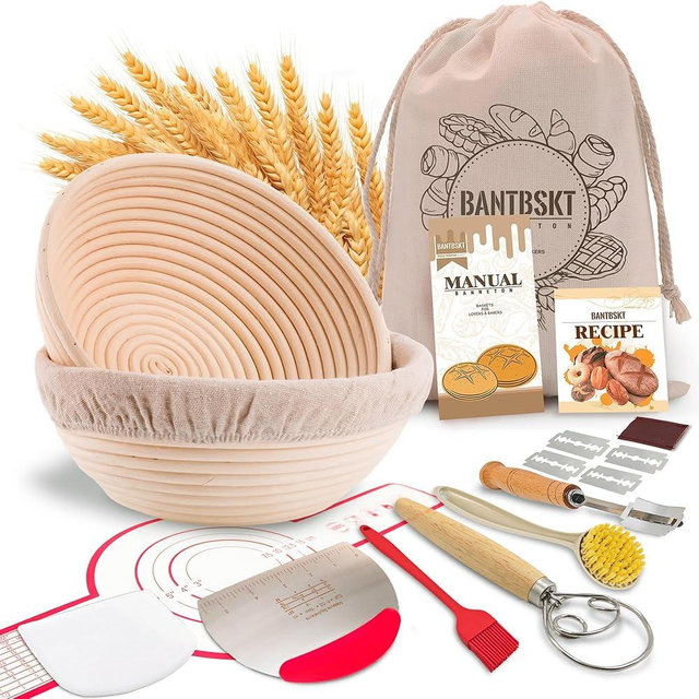 Sourdough Bread Baking Supplies, Sourdough Starter Kit, 9" & 10" Round Sourdough Proofing Basket with Full Baking Accessories, Banneton Bread Proofing Baskets, Bread Baking Gift