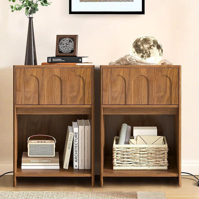 Limaoaio 15.7'' Wide Nightstand Set of 2 with Charging Station, Mid Century Modern Nightstands with Drawer & Storage, Bed Side Table, Night Stands for Bedroom, Small Space (Walnut, 2Pcs)