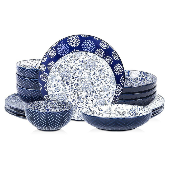 Selamica Dinnerware Sets 16 Piece, Ceramic Plates and Bowls Set, Dishes Set for 4, Embossed Dinner Set, Housewarming, Blue