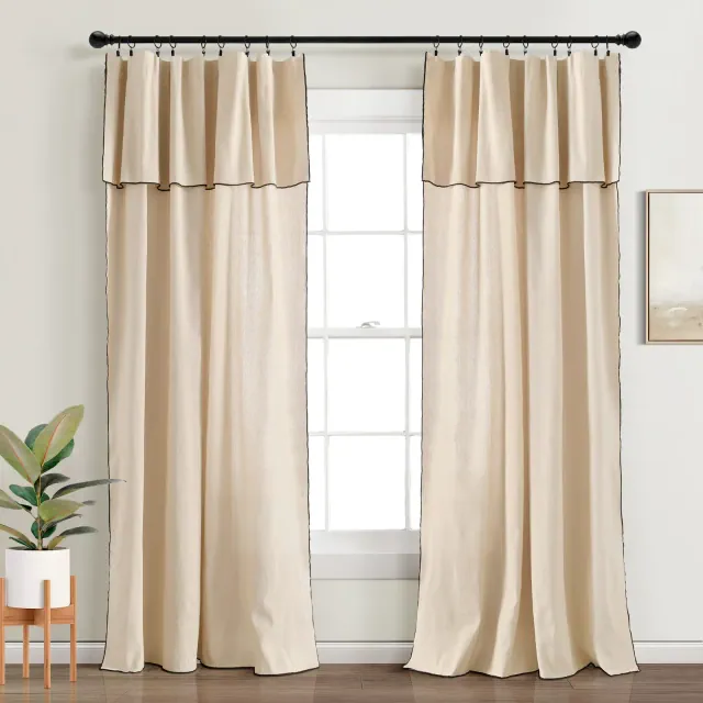Lush Decor Modern Faux Linen Embroidered Edge With Attached Valance Window Curtain Panels Dark Linen 52X84 Set