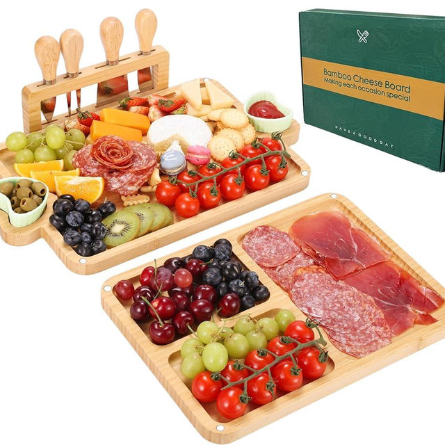 Hongsane Charcuterie Boards,Bamboo Cheese Board with Magnetic Knives Holder,House Warming Gifts New Home,Wedding Gift for Couple,Birthday Gift for Women Mom,Meat Fruit Serving Tray Platter,2 Piece