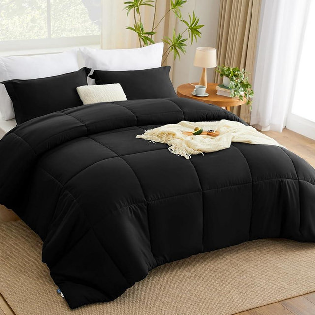 CozyLux King Size Comforter Set - Black Comforter King Size, 3 Pieces Box Stitched Bed Set for All Seasons, Soft Lightweight Bedding Sets with 1 Down Alternative Comforter and 2 Pillow Shams