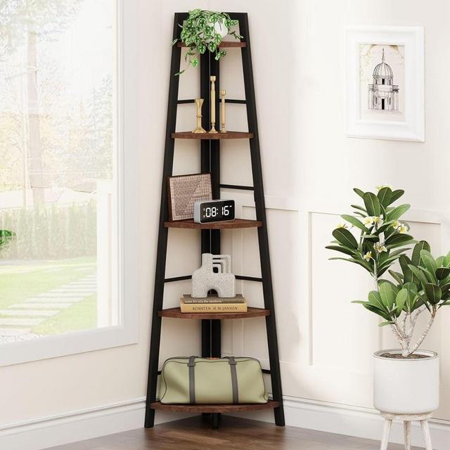 BON AUGURE Rustic Corner Ladder Shelf, 5-Tier Black Metal Wood Corner Bookshelf, Narrow Corner Bookcase Shelving for Living Room, Home Office, Small Space (Rustic Oak)