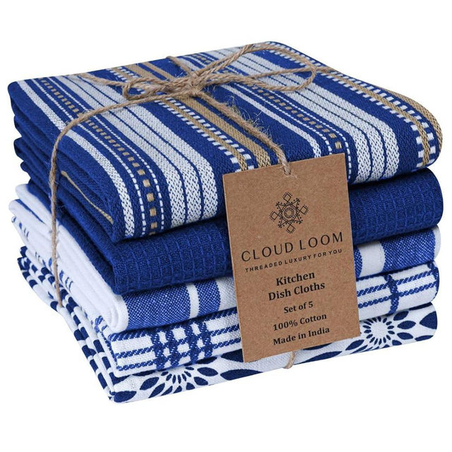 CLOUDLOOM Assorted Kitchen Towels Large 16x26 inch 100% Cotton Set of 5 - Soft Absorbent Washable Tea Towel for Kitchen - Dish Cloths Towel with Hanging Loop - Quick Drying Dish Towels Blue