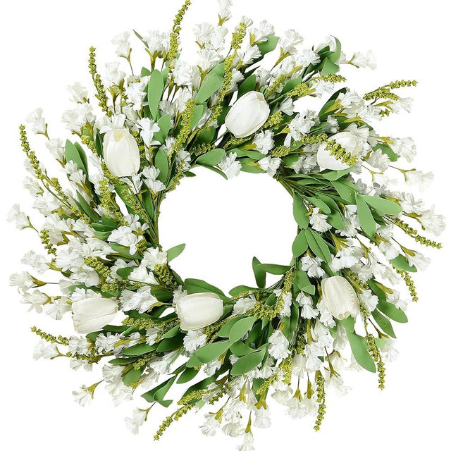 Sggvecsy Spring Summer Wreath for Front Door 22 Inch Artificial White Flower with White Tulips Greenery Leaves Lavender for All Seasons Home Farmhouse Indoor Outdoor Wall Decor