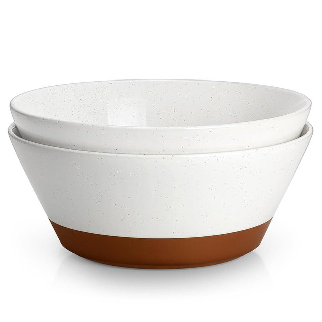 MALACASA Serving Bowls, 105oz Large Salad Bowls for Party, Entertaining, Big Ceramic Bowls for Soup, Fruit and Pho, 2-Pc Wide Bowl Set, White & Brown