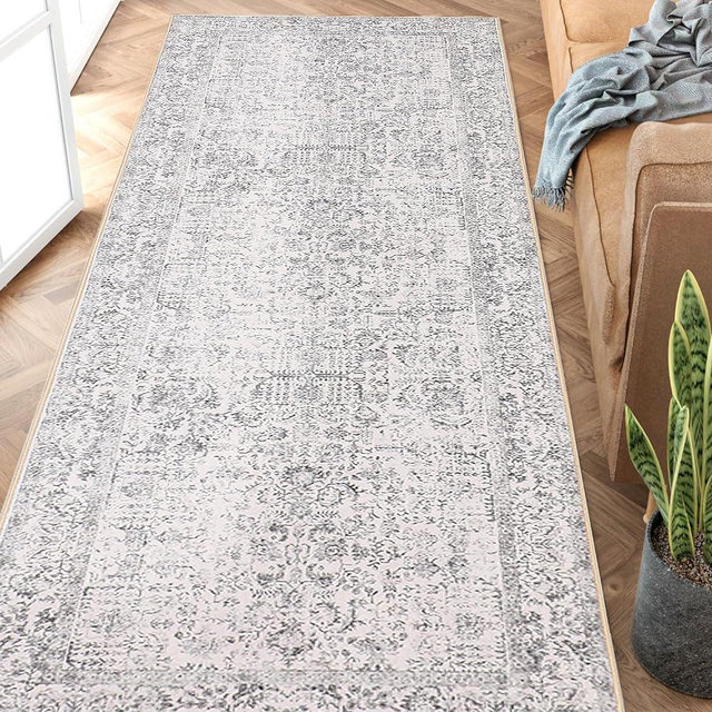 PureCozy Grey Runner Rug 2x6 Indoor Vintage Area Rug Hallway Kitchen Bedroom Rug Washable Living Room Carpet Retro Floral Accent Throw Rug Distressed Floor Rug for Office Dining Room Bathroom