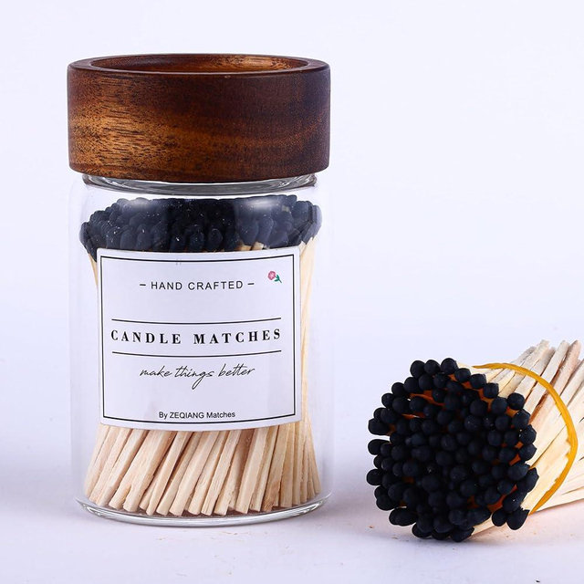 150Pcs 3'' Black Matches in a Jar with Striker, Glass Match Holder with Striker, Glass Match Bottle with Candles Matches for Fireplace, Match Cloche with Striker, 150Pcs Long Wood Safety Matches