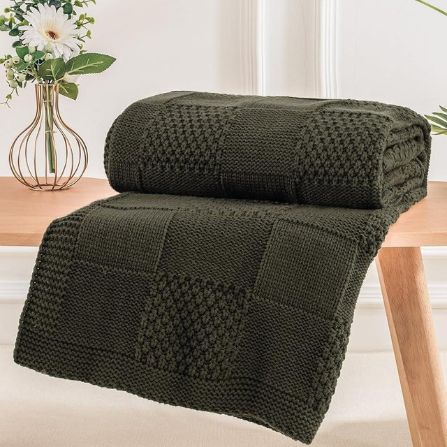 NEXHOME PRO Knit Throw Blanket,Classical Checkered Blanket for Couch,Cozy Warm Knitted Throw Blanket for Bed Sofa Living Room, Decorative Stretched Throw, Lightweigh,50"X 60" Burnt Olive