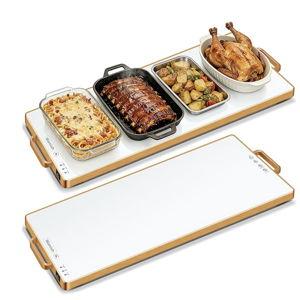 Electric Warming Tray (L 32”x12”)，Food Warmers for Parties Buffet with Thermostat&Full Surface Heating,Tempered Glass Warming Mat for Food, Temperature Adjustable Gold Handles Food Warming Mat,White