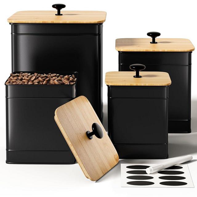 Kitchen Canisters for Countertop Set of 4 with Customizable Chalkboard Labels & Marker Pen - Big Iron Kitchen Canisters with Airtight Lids - Canisters Sets for the Kitchen - Black Kitchen Canister Set