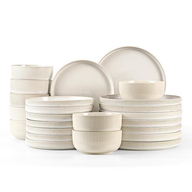 Frewinky Stoneware Dinnerware Sets for 8,24 Piece Kitchen Plates and Bowls Set,Reactive Glaze Porcelain Dinnerware Sets Scratch Resistant,Dishwasher and Microwave Safe,Vintage White