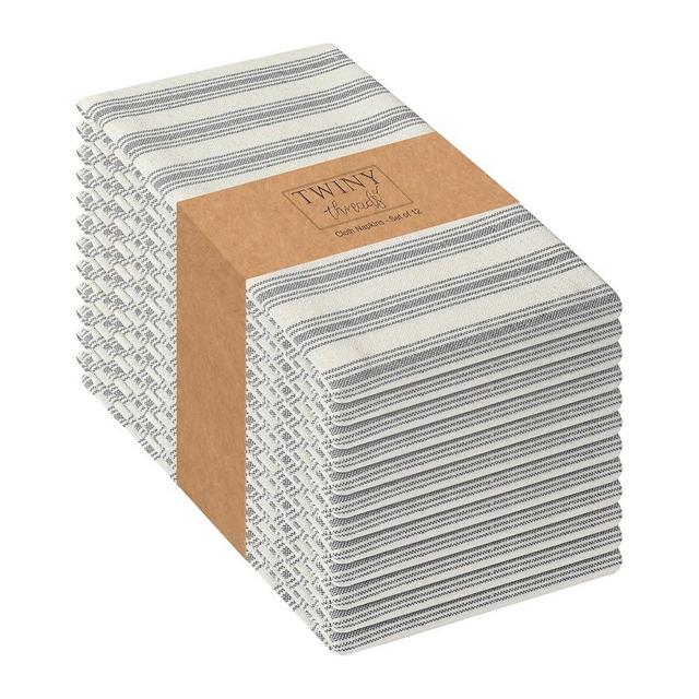 TWINY threads Stripe Cloth Napkins 100% Cotton 18" x 18" Set of 12 Rustic Farmhouse Napkin Washable Hotel Quality Dinner Napkins for Home, Restaurant, Wedding - Grey