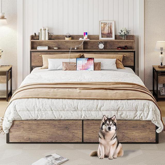 IRONCK King Size Bed Frame, Bookcase Headboard with Charging Station, Platform Storage Bed, Solid and Stable, Noise Free, No Box Spring Needed, Rustic Maple