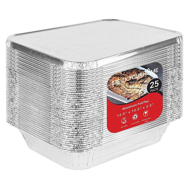 Stock Your Home Foil Pans with Lids - 9x13 Aluminum Pans with Covers - 25 Foil Pans and 25 Foil Lids - Disposable Food Containers Great for Baking, Cooking, Heating, Storing, Prepping Food Silver