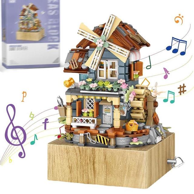 LUOGFYNI Music Box Building Blocks Set, Japanese Street View Windmill House, Farm House Scene Creative Model, Mini Bricks Construction Building Toy for Adults, Gifts for Adults