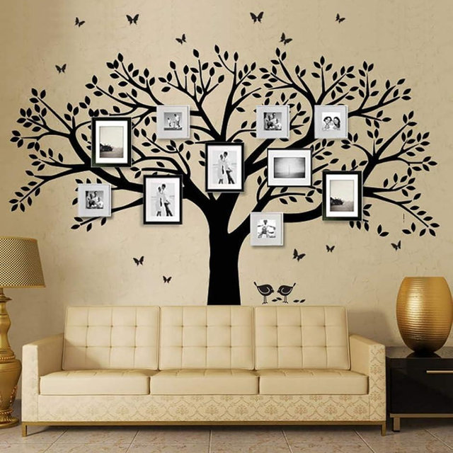 Grant Family Photo Frame Tree Wall Decals Family Tree Decal Living Room Home Decor (108" Wide x 84" Tall) (Black)