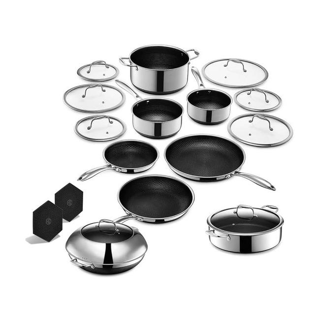 HexClad 18 Piece Hybrid Stainless Steel Cookware Set - 6 Piece Pan Set, 6 Piece Pot Set, 7 Quart Deep Fryer, 14 Inch Wok & 2 Silicone Trivets