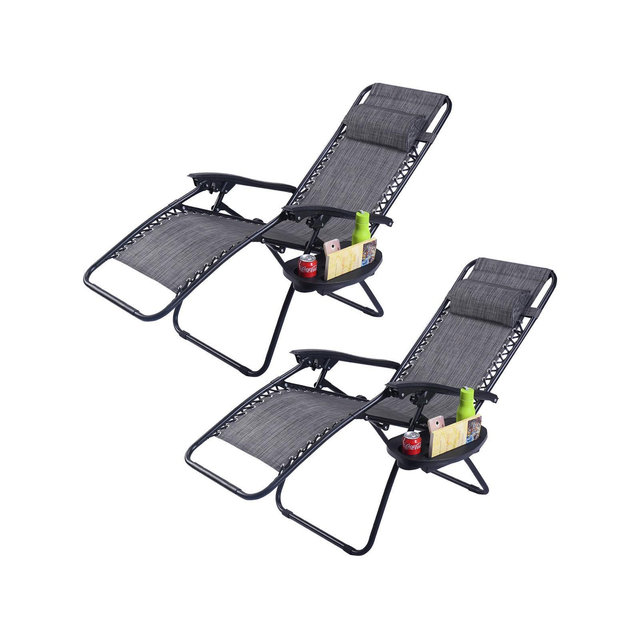Costway 2PC Folding Zero Gravity Reclining Lounge Chairs Beach Patio W/Utility Tray