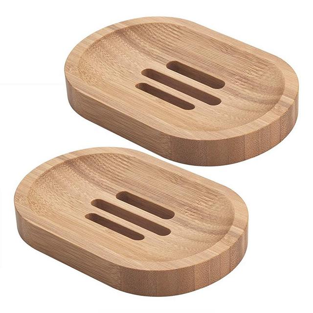 AmazerBath Bamboo Wood Soap Dish, Oval Bar Soap Holder for Shower Bathroom, Kitchen - 2 Pack