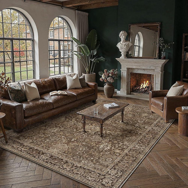 HUGEAR Area Rugs 8x10 Machine Washable Rug Vintage Brown Large Living Room Bedroom Rug Retro Distressed Non Slip Stain Resistant Neutral Low Pile Throw Carpet for Home Aesthetic Decor